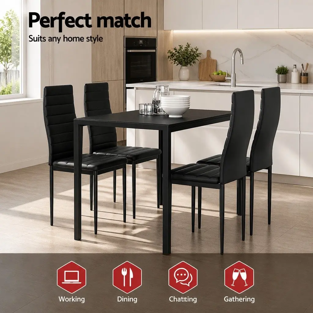 Dining Set MDF Melamine Black Rectangular Table and 4 Chairs