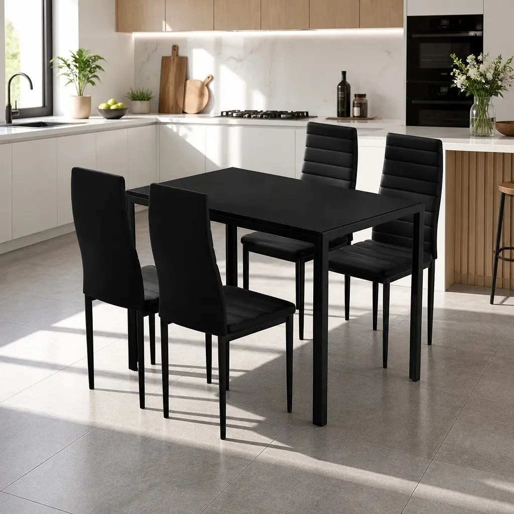 Dining Set MDF Melamine Black Rectangular Table and 4 Chairs