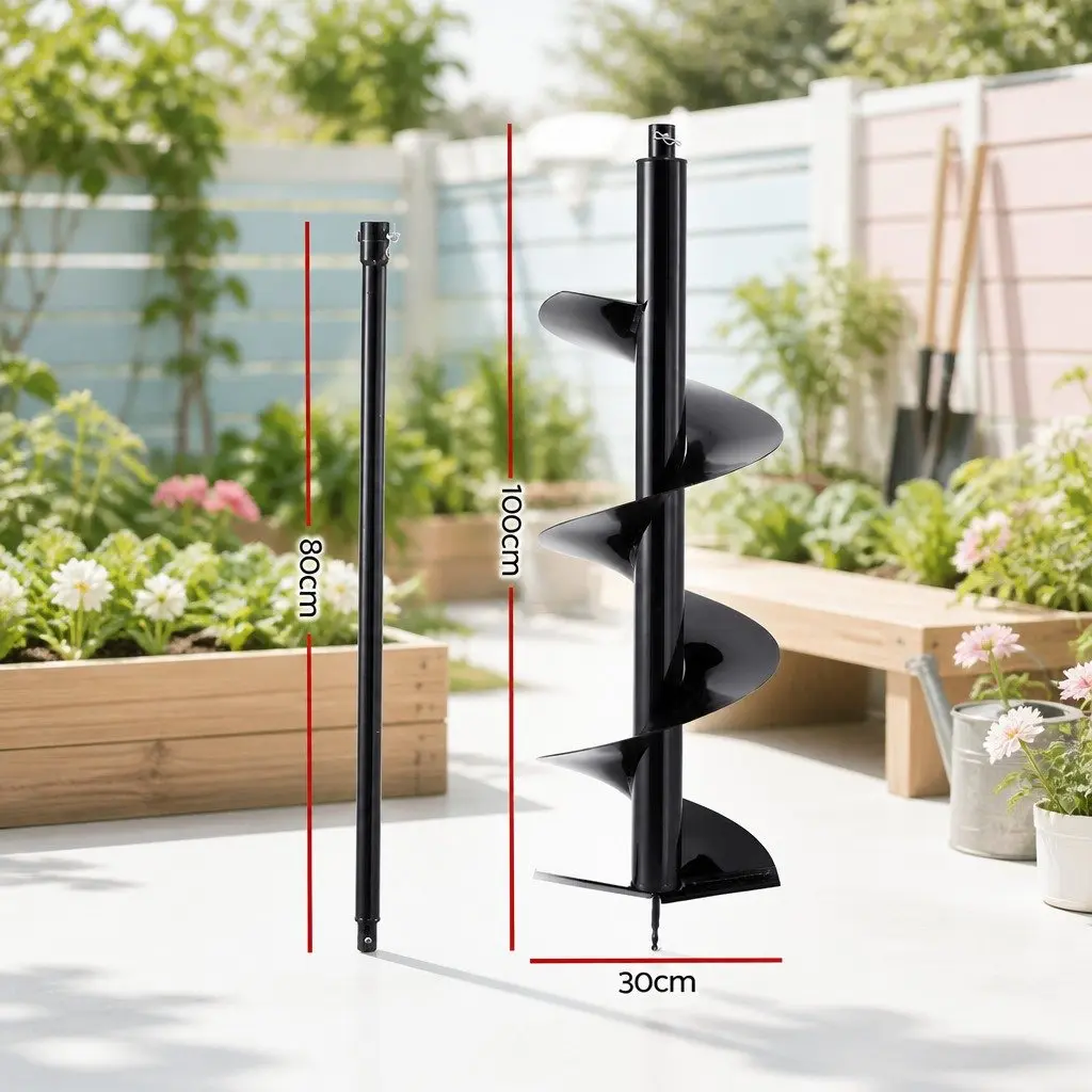 Post Hole Digger Auger Drill Bit Carbon Steel 300mm Black with 80cm Extension Shaft