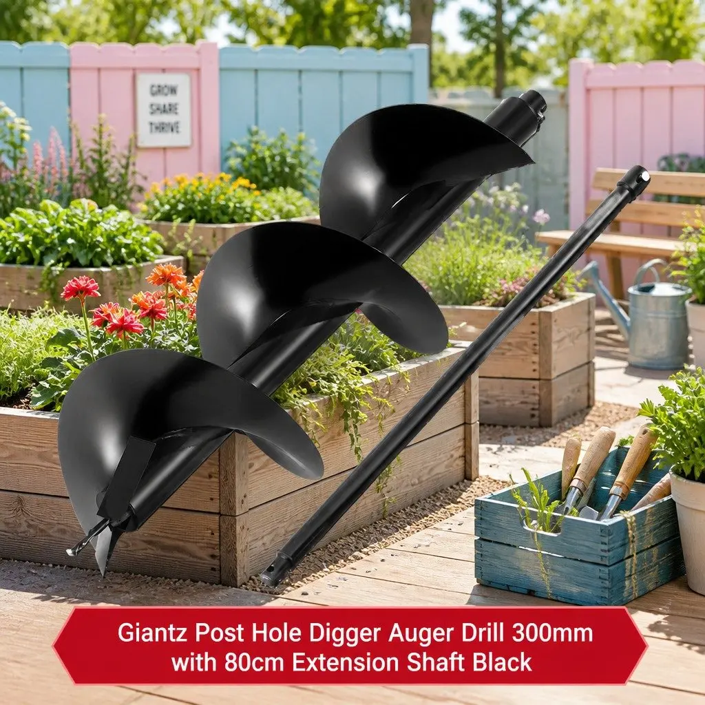 Post Hole Digger Auger Drill Bit Carbon Steel 300mm Black with 80cm Extension Shaft