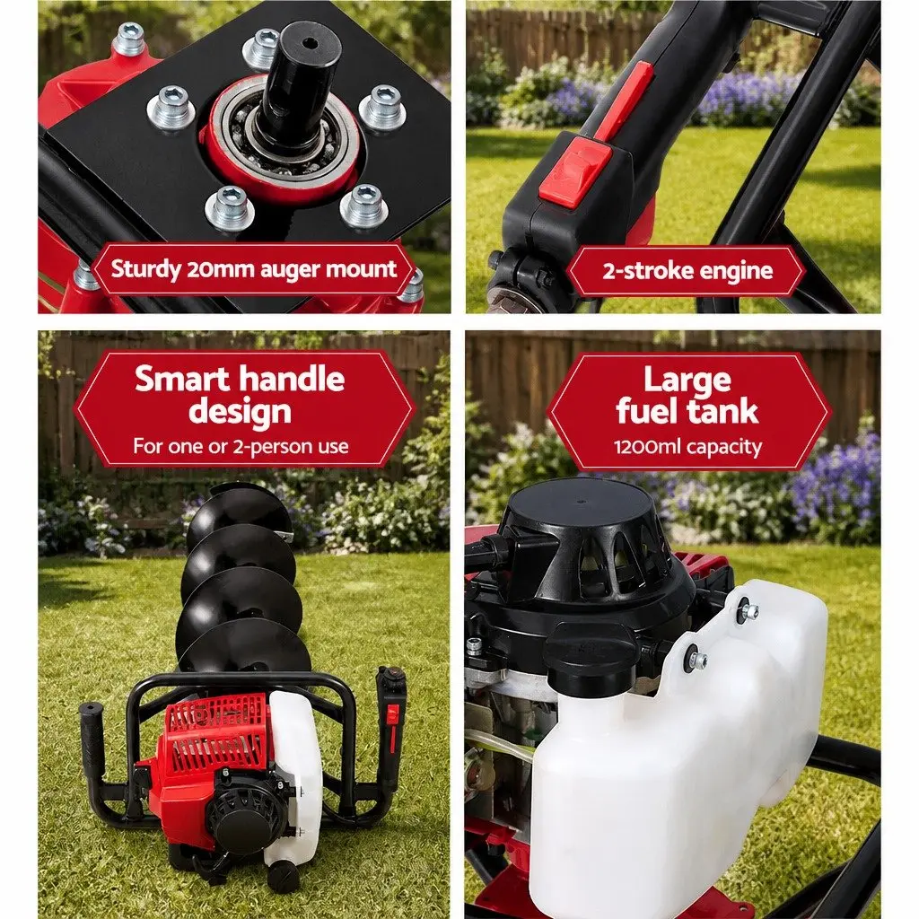 Post Hole Digger Petrol 63cc 200mm Auger Red Black