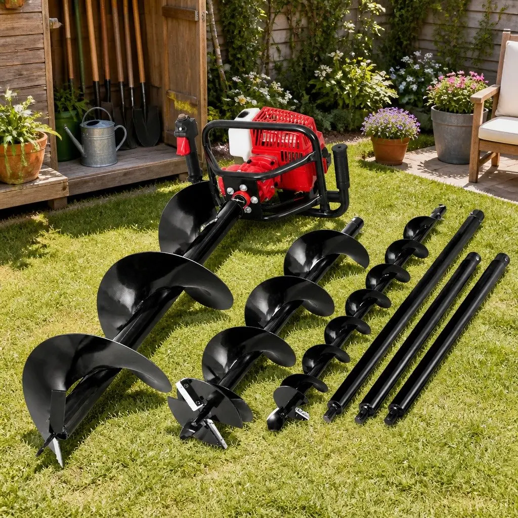 Post Hole Digger Petrol 63cc Engine Auger Bits Extensions Red Black