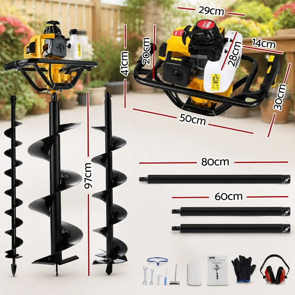 Post Hole Digger Auger Bits Extension Kits Heavy-Duty Petrol Motor 63cc Engine Yellow
