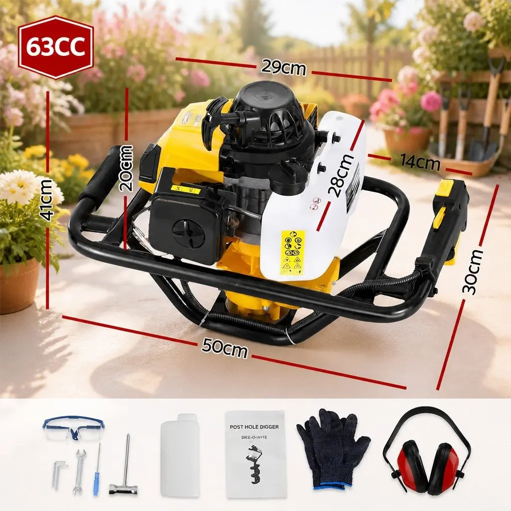 Post Hole Digger 63CC Petrol Engine 2-Stroke Yellow Single Cylinder Heavy Duty