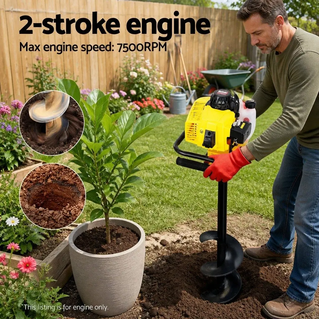 Post Hole Digger 63CC Petrol Engine 2-Stroke Yellow Single Cylinder Heavy Duty