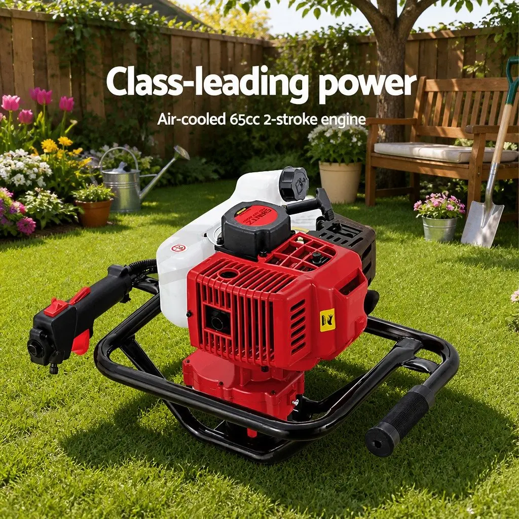 Post Hole Digger 65CC Petrol 2-Stroke Engine Red Black with Extension Shafts and Auger Bits