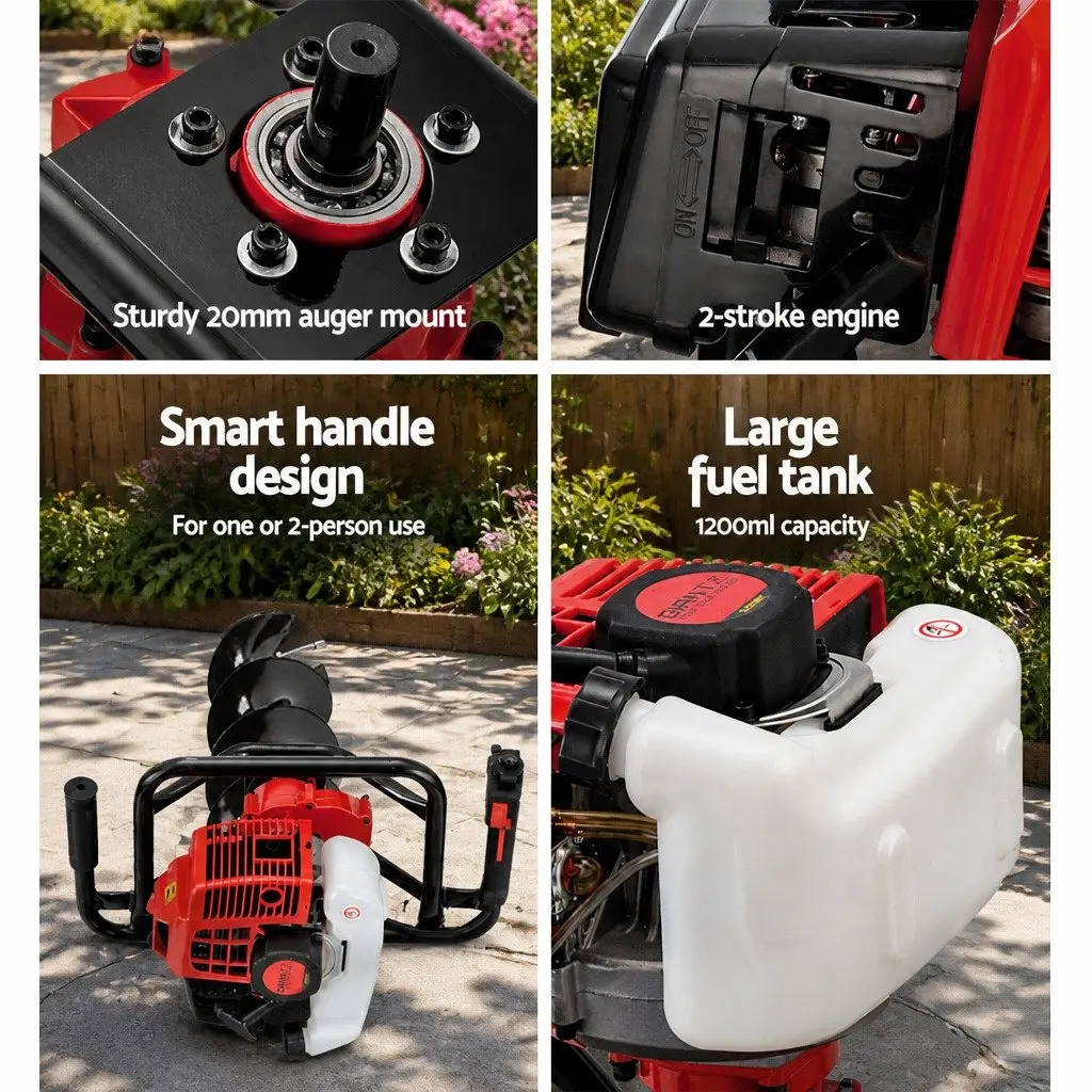Post Hole Digger 65CC Petrol 2-Stroke Engine Red Black with Extension Shafts and Auger Bits