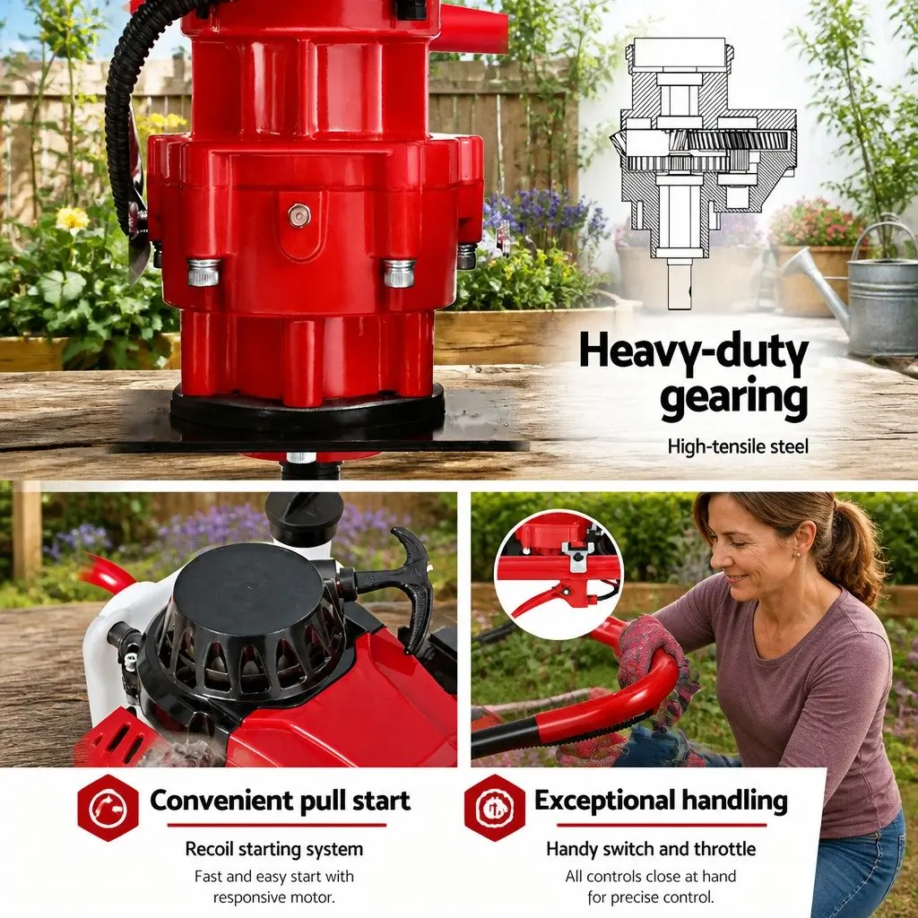 Post Hole Digger Engine Motor 63cc 2-Stroke Petrol Air Cooled Red Black 7500RPM