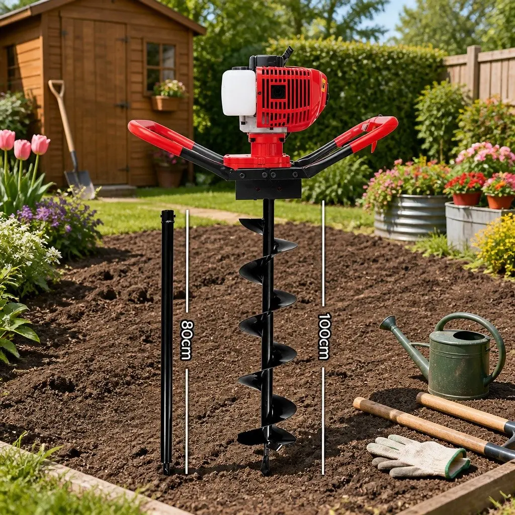 Post Hole Digger Petrol Powered 200mm Auger Red Black