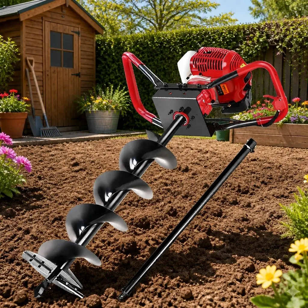 Post Hole Digger Petrol Powered 200mm Auger Red Black