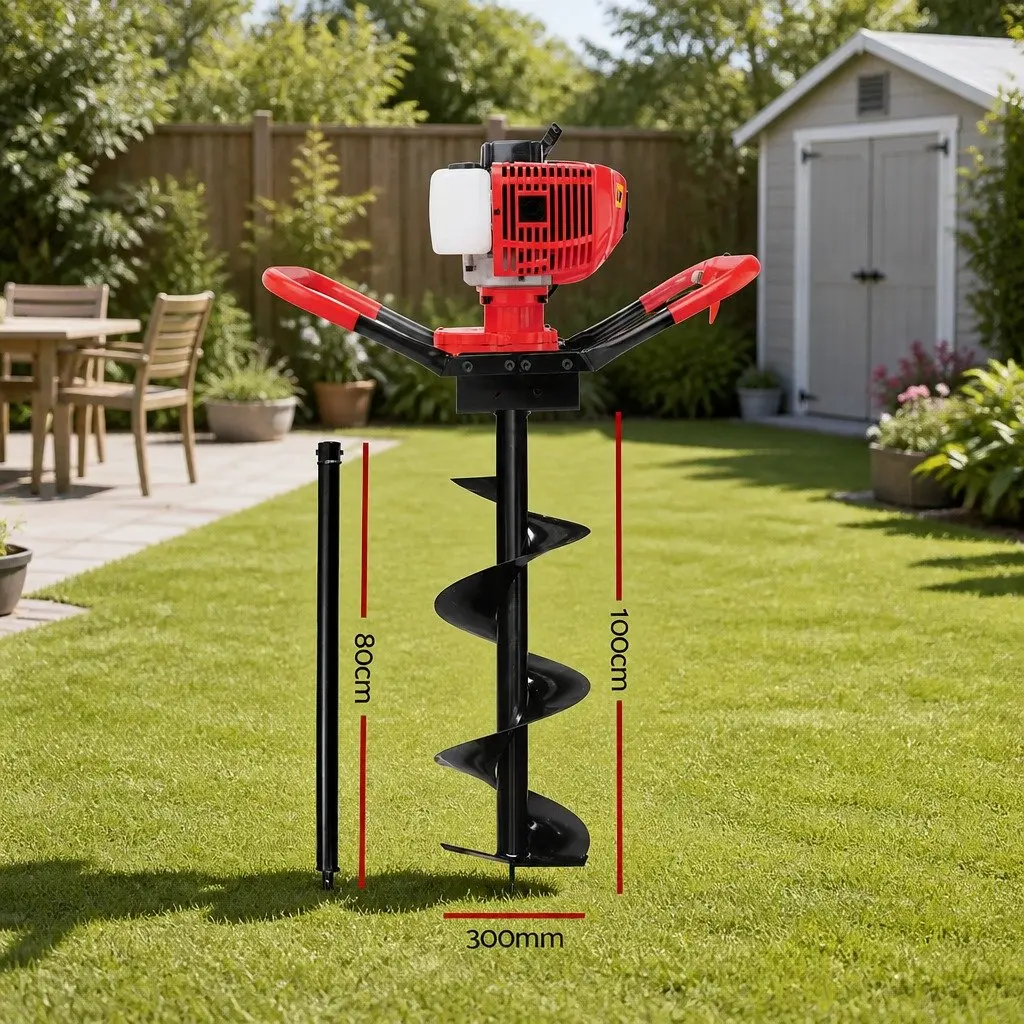 Post Hole Digger 65cc Petrol 300mm Red and Black