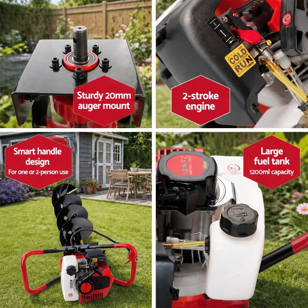 Post Hole Digger 65cc Petrol 300mm Red and Black