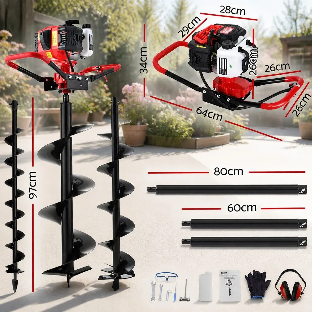 Post Hole Digger Petrol Engine 65cc Auger Drill Kit with Extensions and Bits