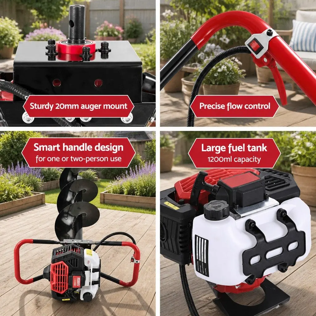 Post Hole Digger Petrol Engine 65cc Auger Drill Kit with Extensions and Bits
