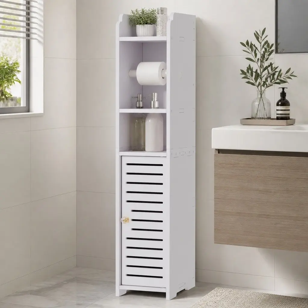White Bathroom Storage Cabinet with Toilet Roll Holder 76cm