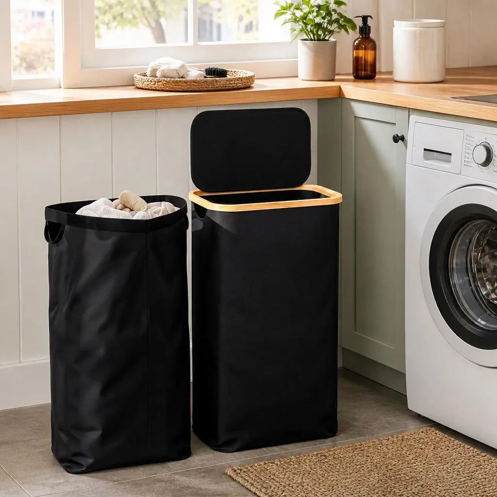 60L Foldable Black Laundry Basket with Mesh Bag