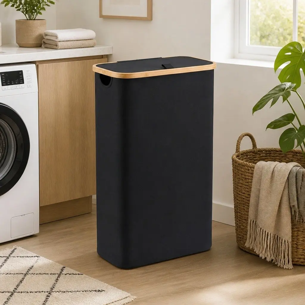 60L Foldable Black Laundry Basket with Mesh Bag