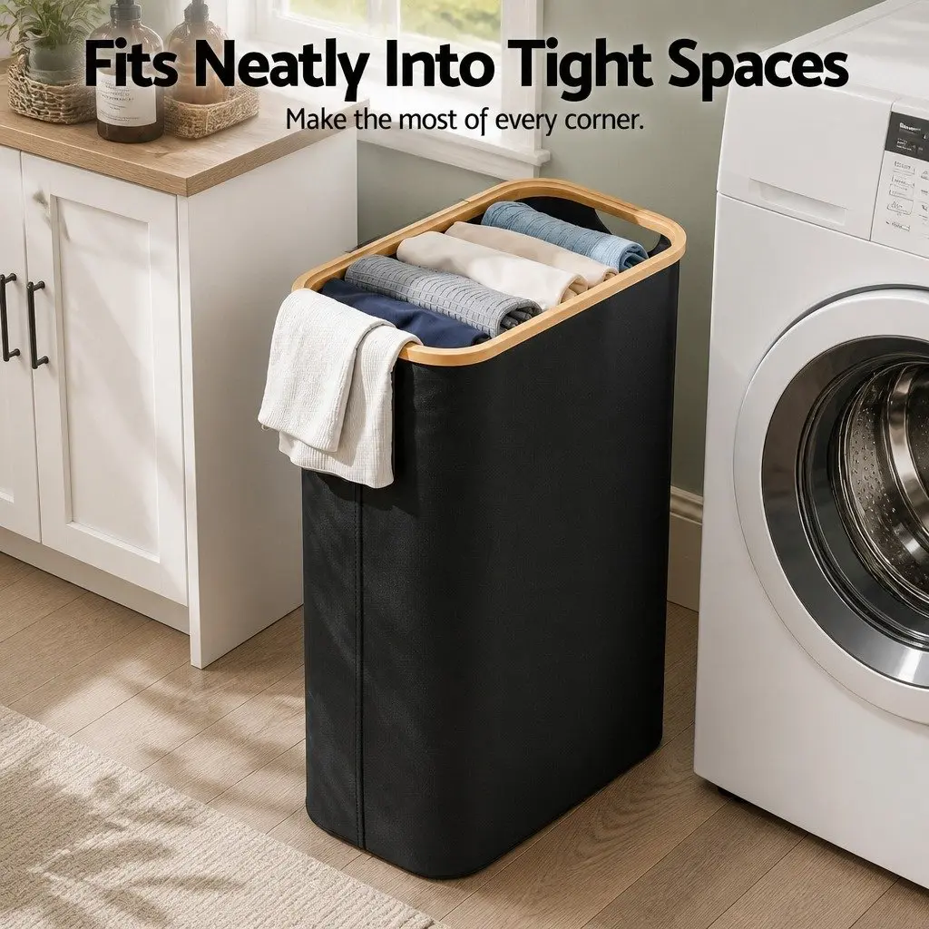 60L Foldable Black Laundry Basket with Mesh Bag
