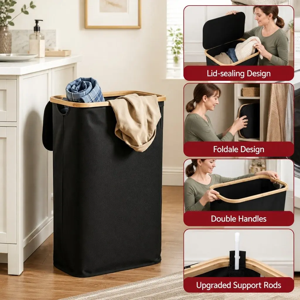 60L Foldable Black Laundry Basket with Mesh Bag