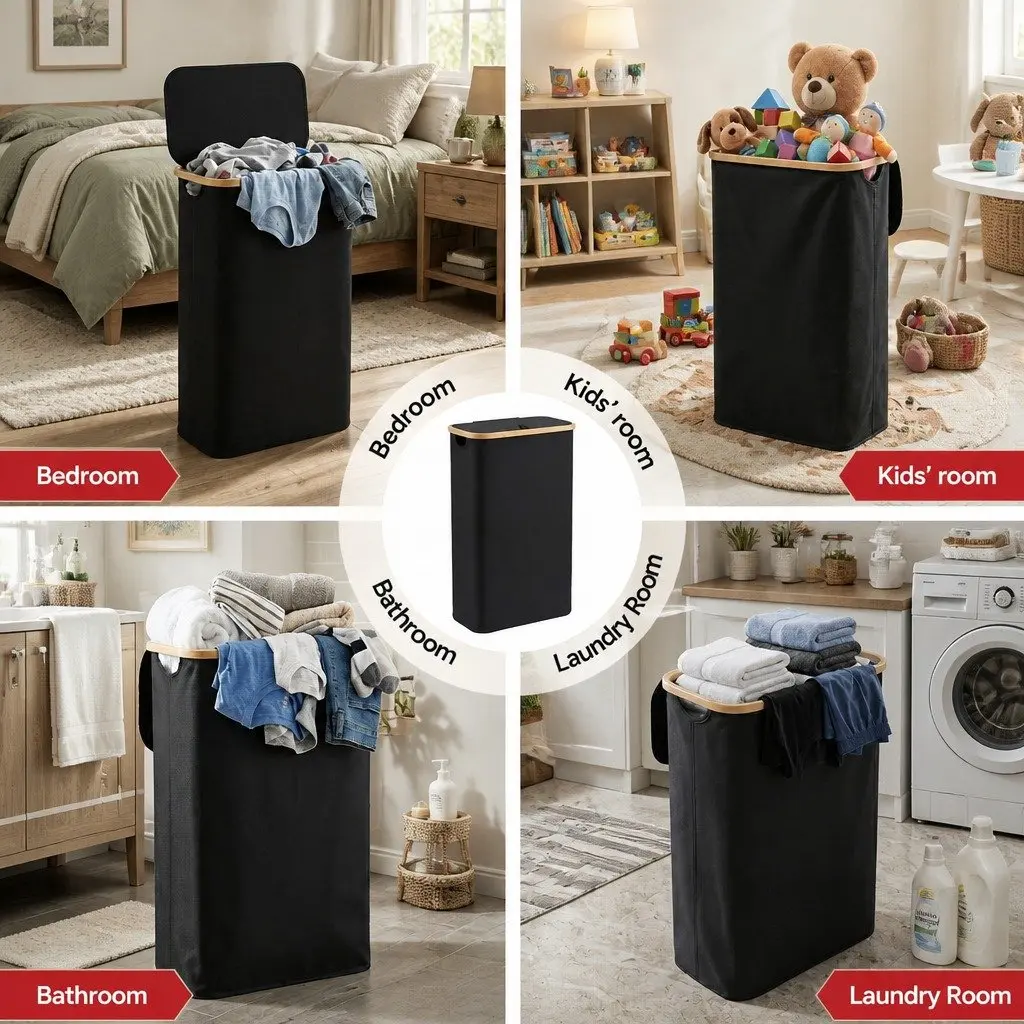 60L Foldable Black Laundry Basket with Mesh Bag