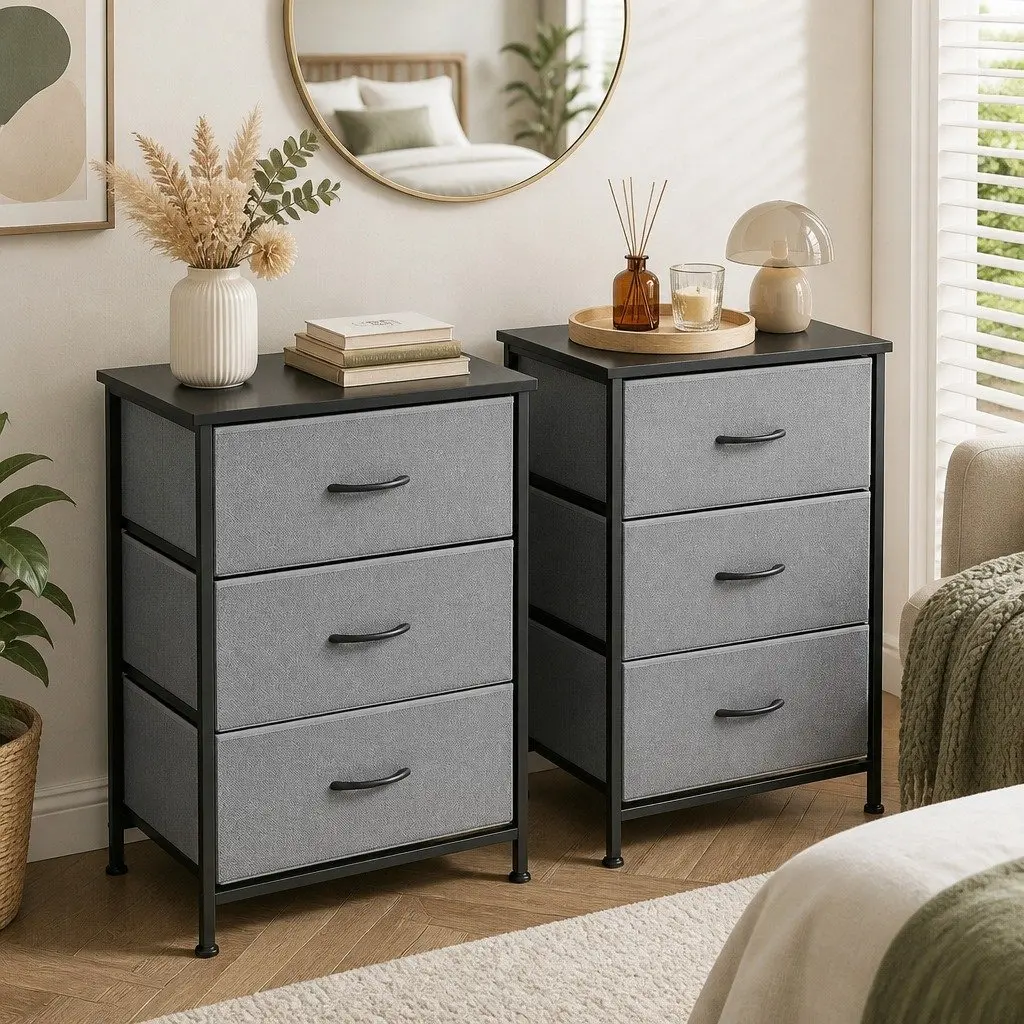 Black Chest of Drawers Set of 2 with 3 Drawers