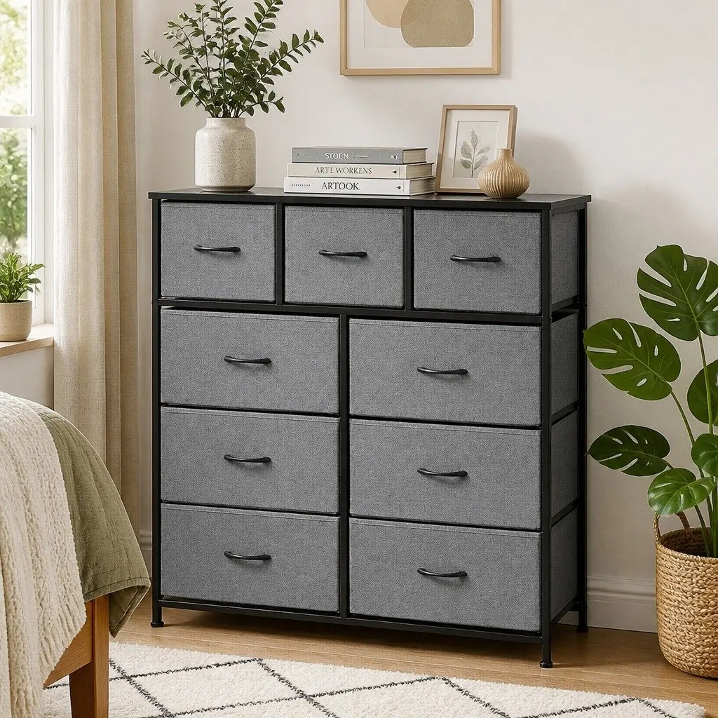 Chest of 9 Drawers Storage Dresser Tallboy Grey Bedroom Furniture Organize
