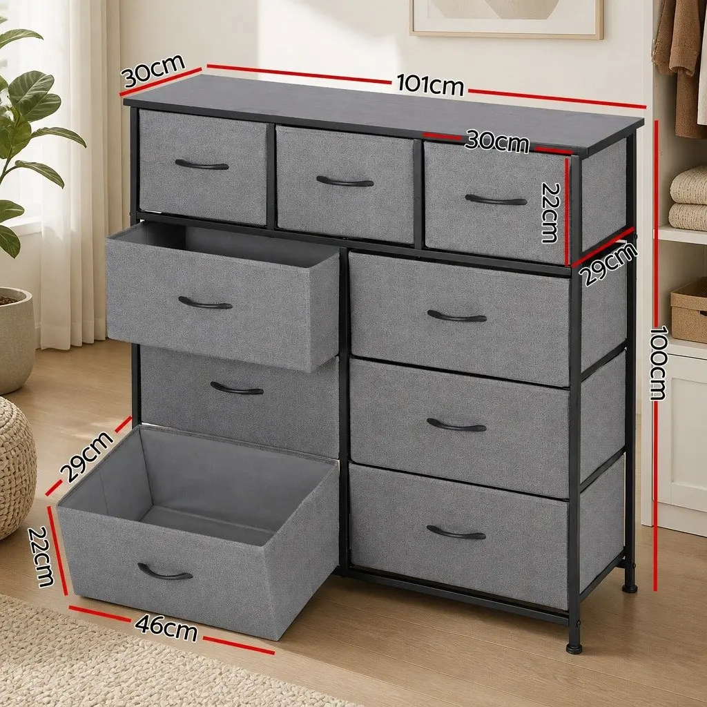 Chest of 9 Drawers Storage Dresser Tallboy Grey Bedroom Furniture Organize