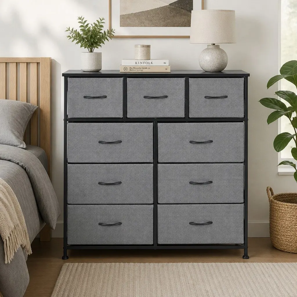 Chest of 9 Drawers Storage Dresser Tallboy Grey Bedroom Furniture Organize