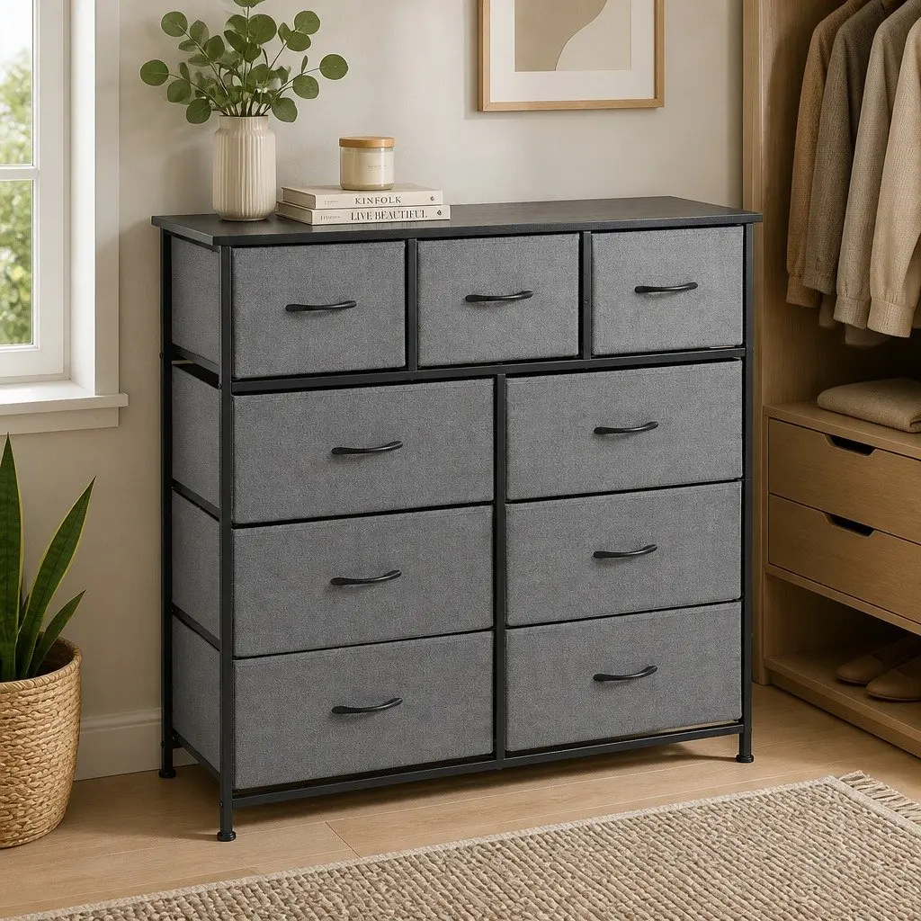 Chest of 9 Drawers Storage Dresser Tallboy Grey Bedroom Furniture Organize