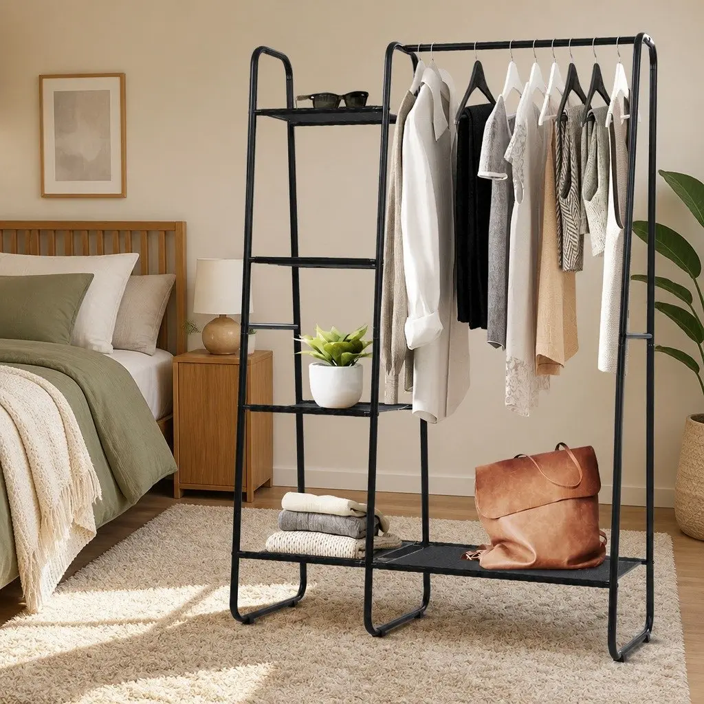 Black Metal Clothes Rack with Five Shelves