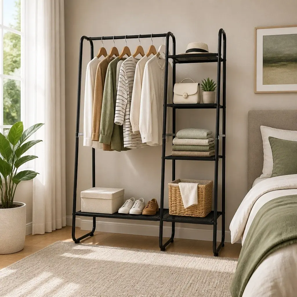 Black Metal Clothes Rack with Five Shelves