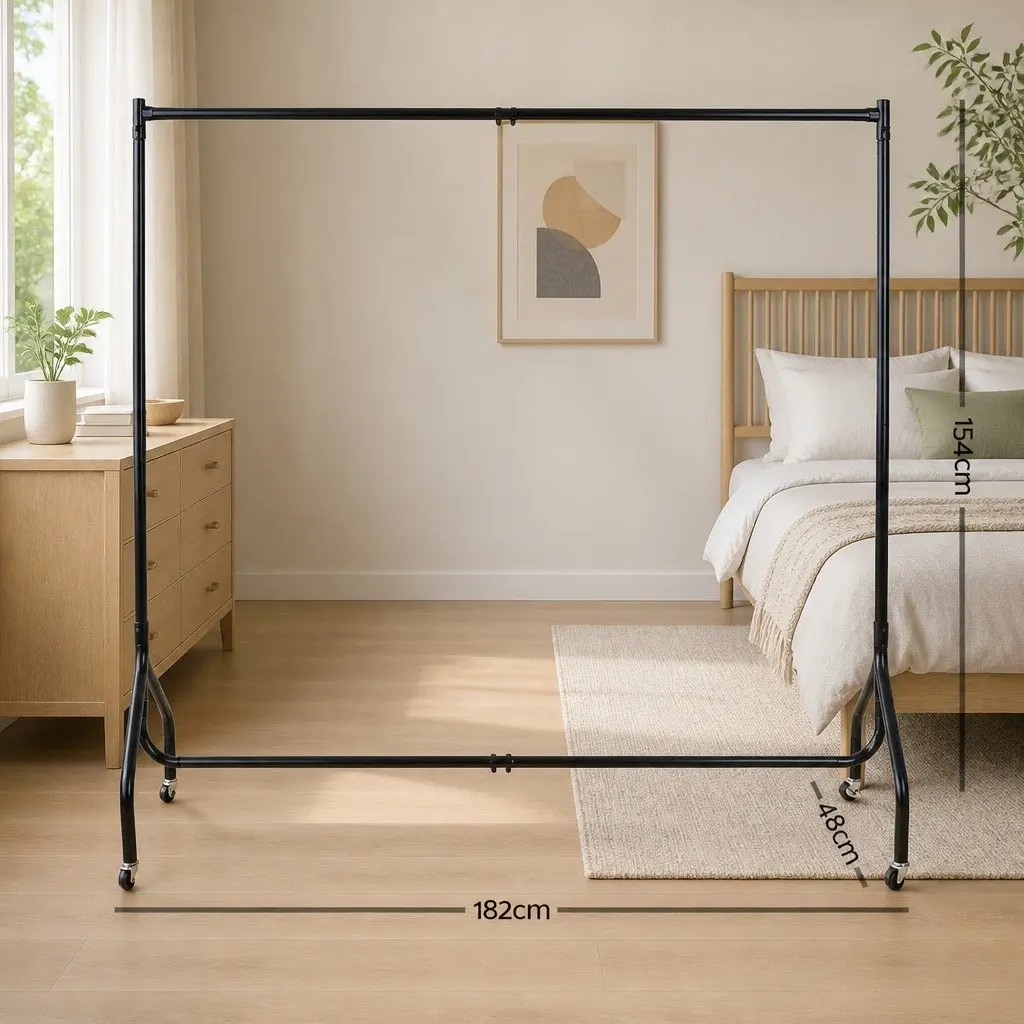Black Metal Clothes Rack 6FT with Rolling Castors