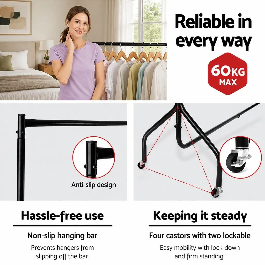 Black Metal Clothes Rack 6FT with Rolling Castors