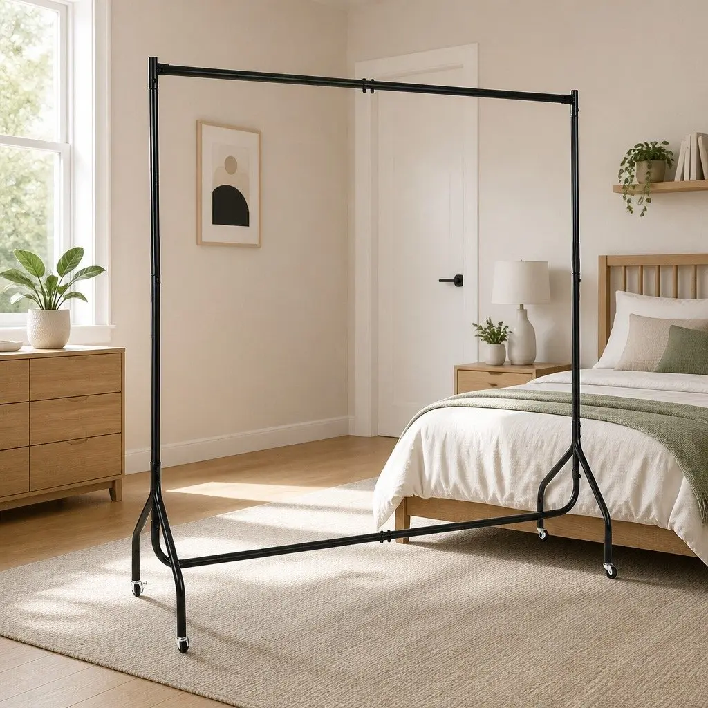 Black Metal Clothes Rack 6FT with Rolling Castors
