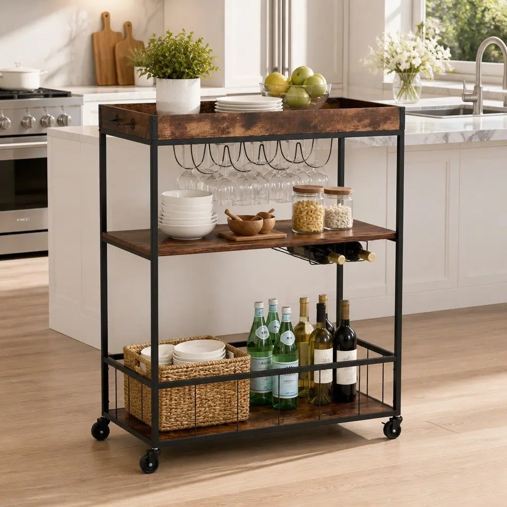 Walnut Mobile Kitchen Island with Three-Tier Shelves