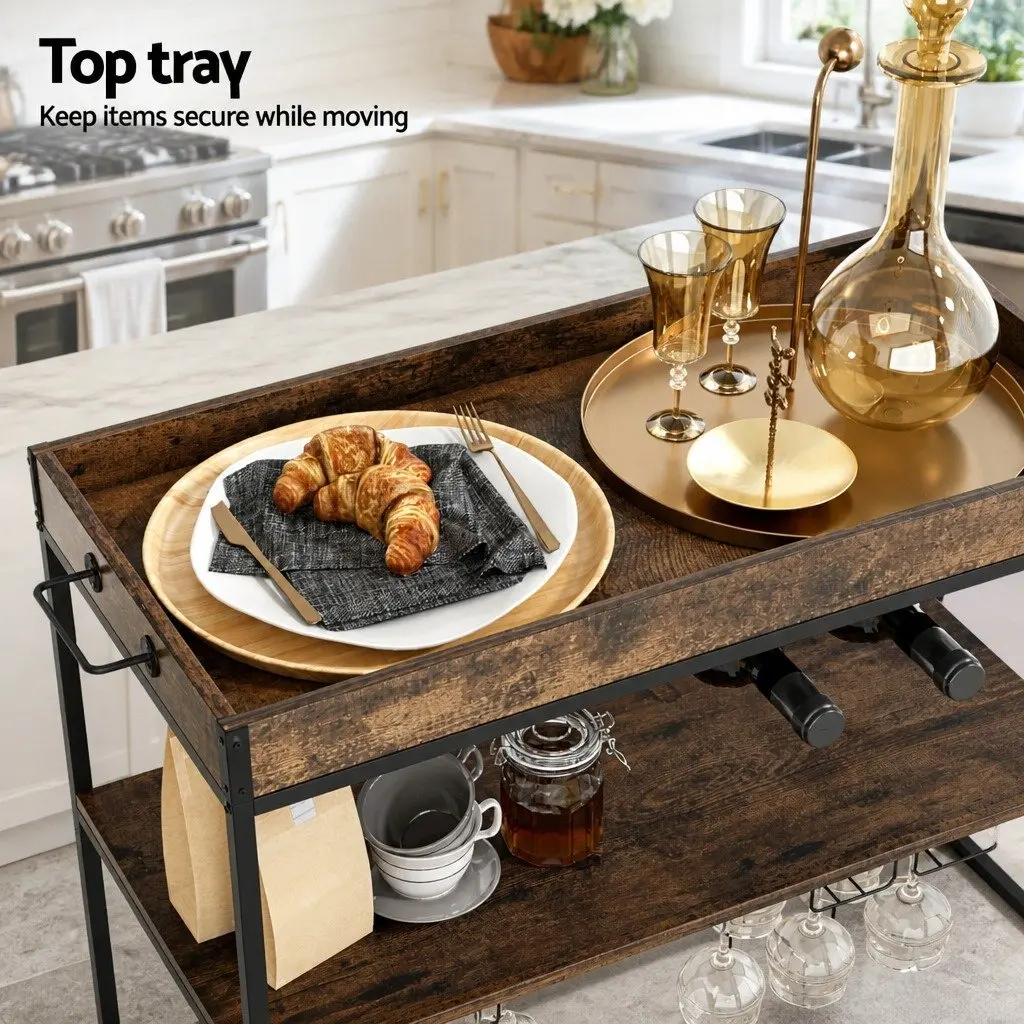 Mobile Kitchen Island Metal Frame Particle Board Three-Tier Storage Trolley Walnut