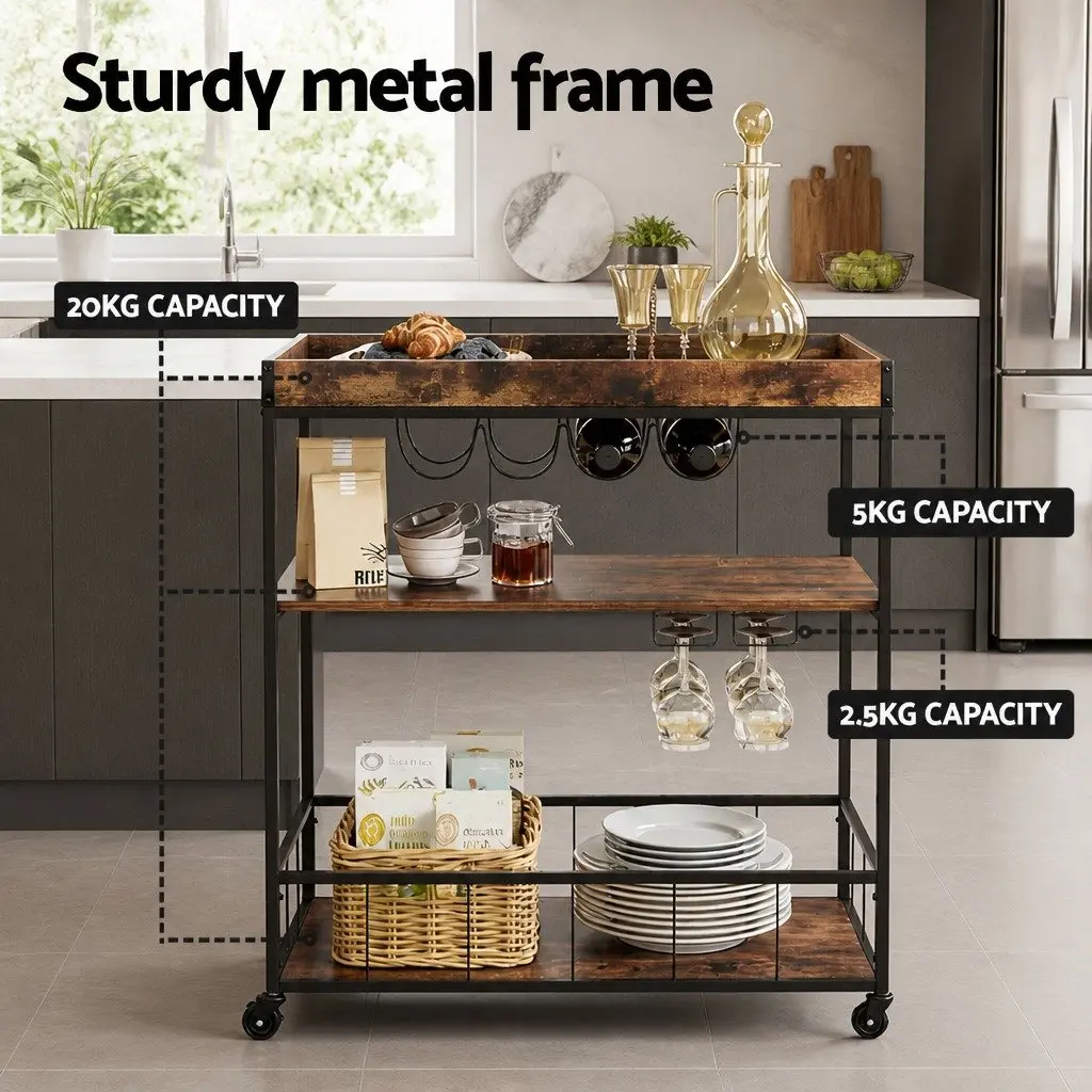 Mobile Kitchen Island Metal Frame Particle Board Three-Tier Storage Trolley Walnut