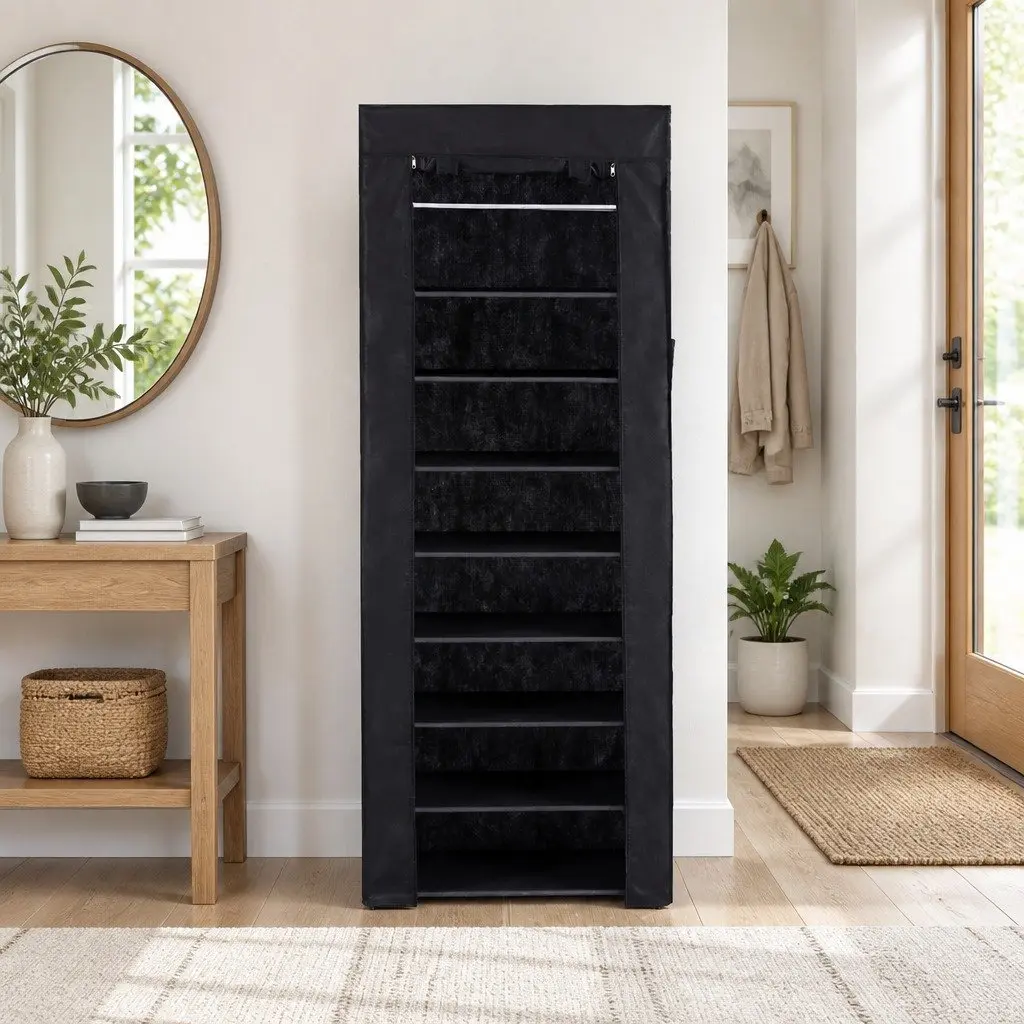 10 Tier Shoe Rack Cabinet with Removable Non-Woven Fabric Cover Black Storage