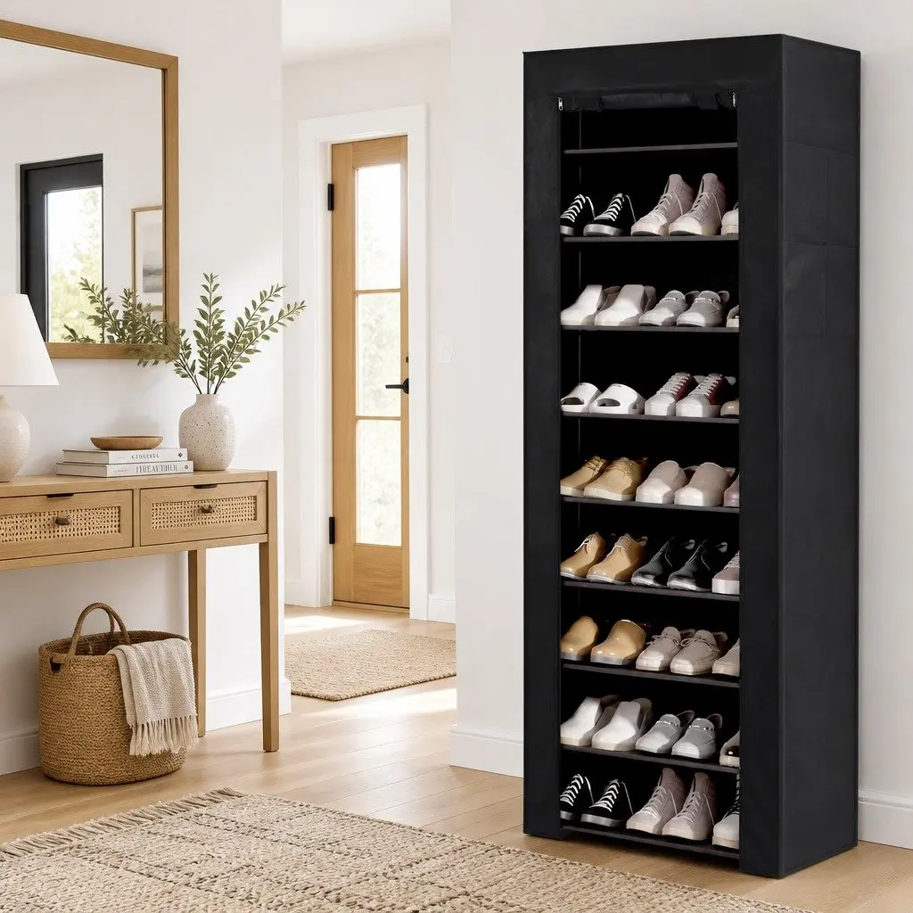 10 Tier Shoe Rack Cabinet Metal Non-Woven Fabric Black Storage 60cm x 30cm x 160cm