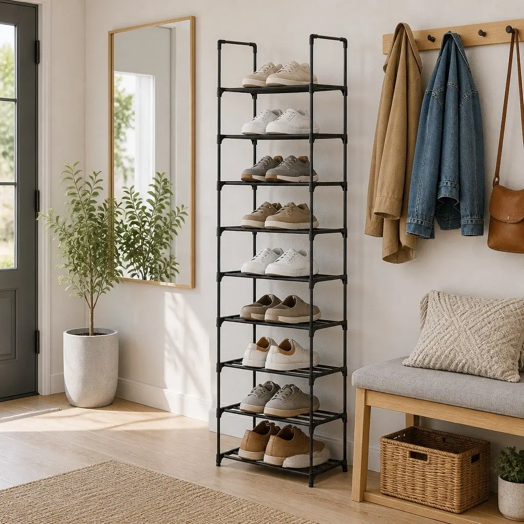 10-Tier Black Shoe Rack with Adjustable Shelves