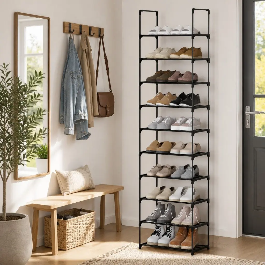 10-Tier Black Shoe Rack with Adjustable Shelves