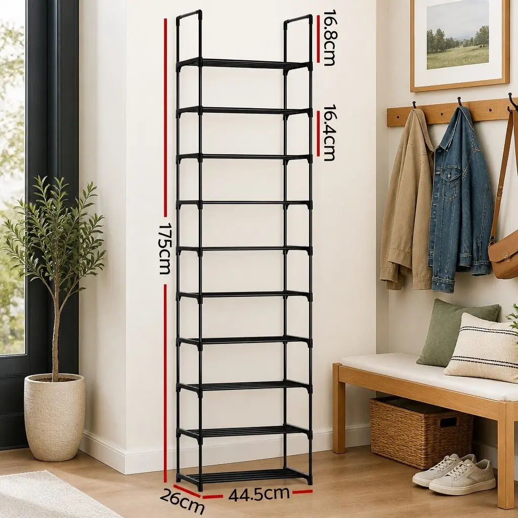 10-Tier Black Shoe Rack with Adjustable Shelves