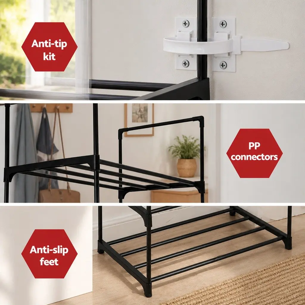 10-Tier Black Shoe Rack with Adjustable Shelves