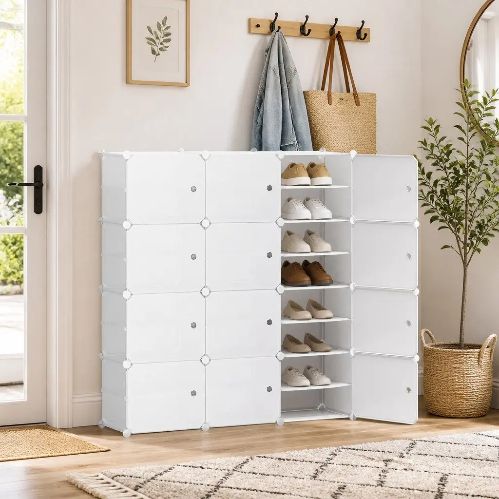 Shoe Rack Storage Cube 12-Unit Stackable Organizer White DIY Cabinet System