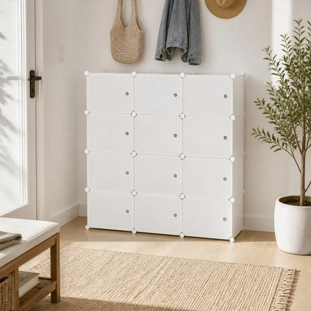 Shoe Rack Storage Cube 12-Unit Stackable Organizer White DIY Cabinet System