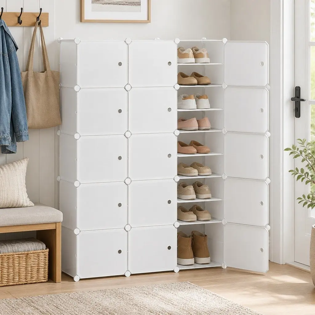 Shoe Rack Storage Cabinet DIY 15 Stackable Cubes White Organizer