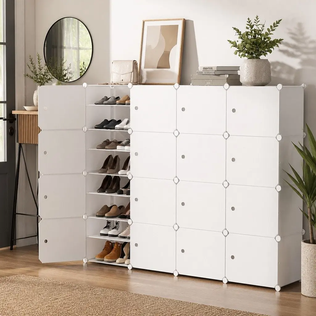White Shoe Rack with 16 Stackable Storage Cubes