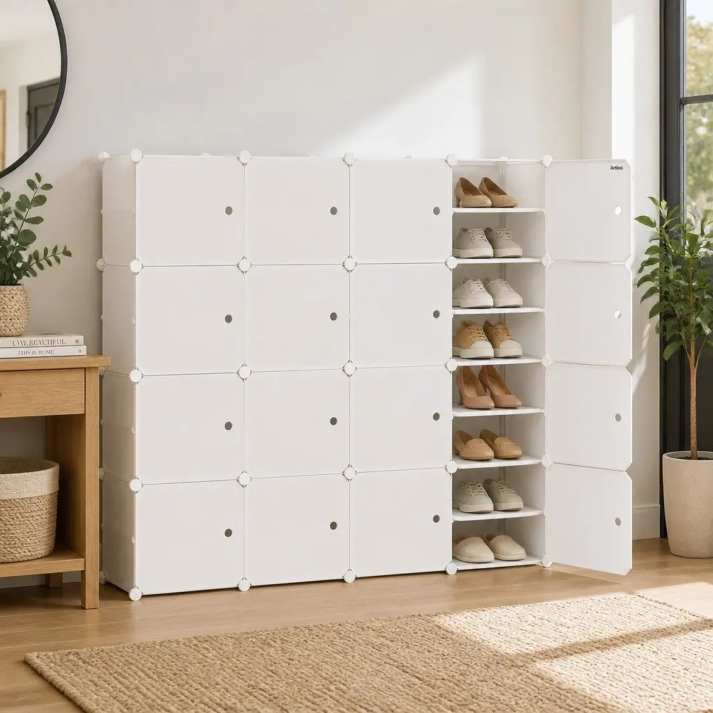 White Shoe Rack with 16 Stackable Storage Cubes