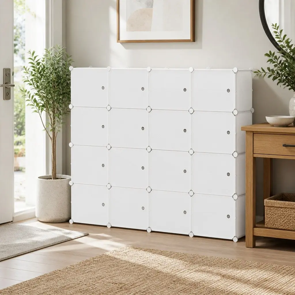 White Shoe Rack with 16 Stackable Storage Cubes