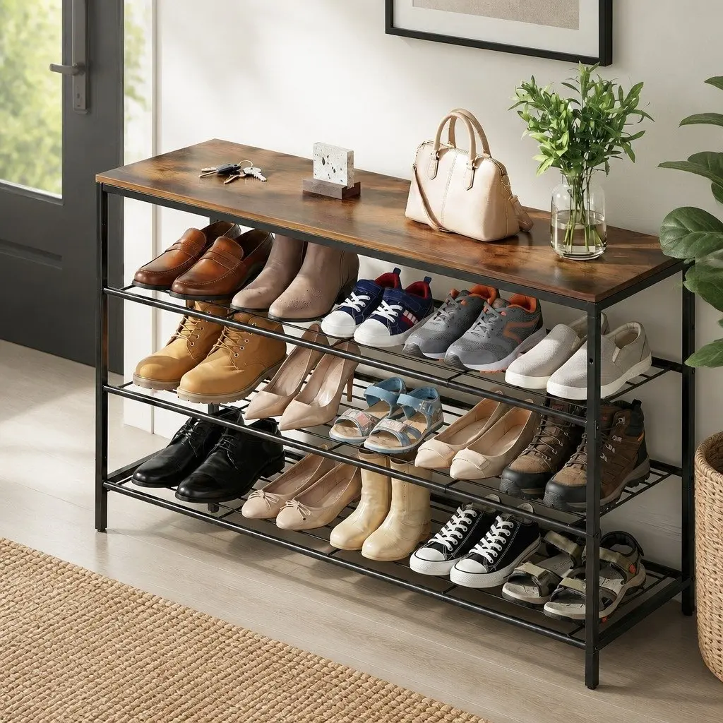 Shoe Rack Particleboard Metal 4 Tier Open Shelves Walnut Black